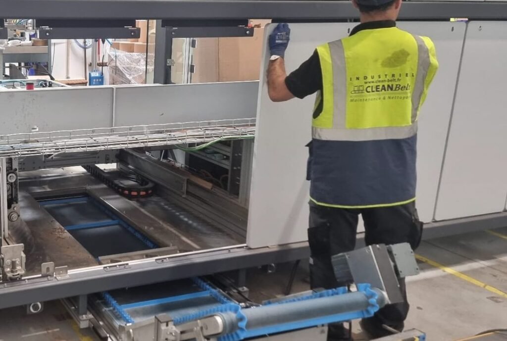 Agent CLEANBelt procédant au nettoyage industriel d'une machine de production